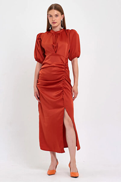zks grup tekstil Women's Brick Satin Balloon Sleeve Draped Slit Detailed Dress