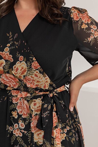 zks grup tekstil Yellow Floral Short Sleeve Lined Plus Size Chiffon Dress