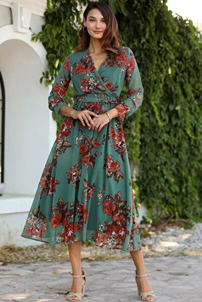 zks grup tekstil Πράσινο φλοράλ φόρεμα με διπλό γιακά με φόδρα σιφόν