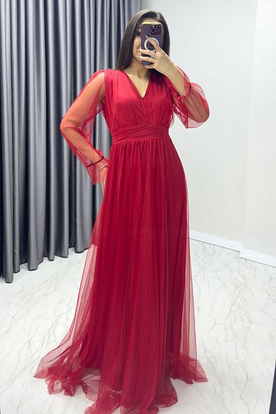 zks grup tekstil Rochie de seară din tul căptușit cu decolteu în V pentru femei Alb, Roșu, Negru