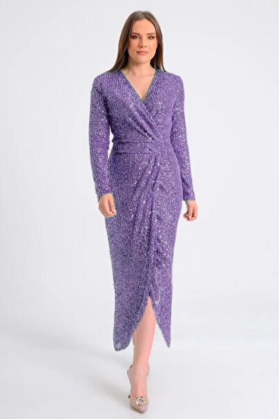 zks grup tekstil Rochie de seara de dama, liliac, cu decolteu dublu, cu paiete, design cu paiete