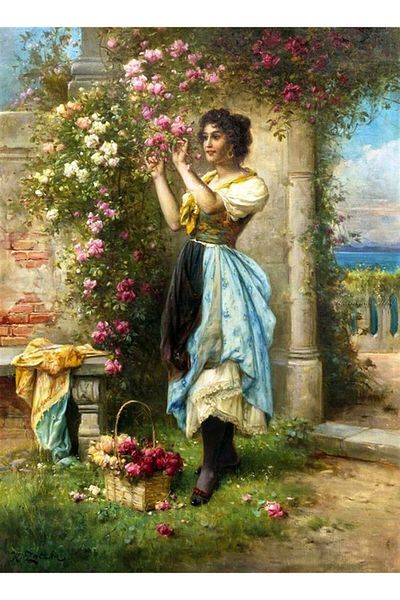 Marcel Kristal Tablo Women's Marcel Art Diamond Mosaic Painting with Blue Skirt Collecting Flowers 46x64cm