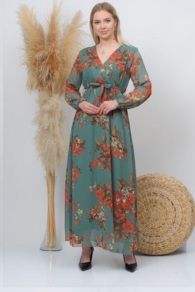 zks grup tekstil Green Flower Pattern Lined Maxi Plus Size Chiffon Double Breasted Dress