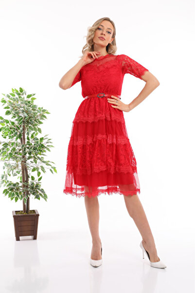 zks grup tekstil Red Short Sleeve Laced Plus Size Evening Dress