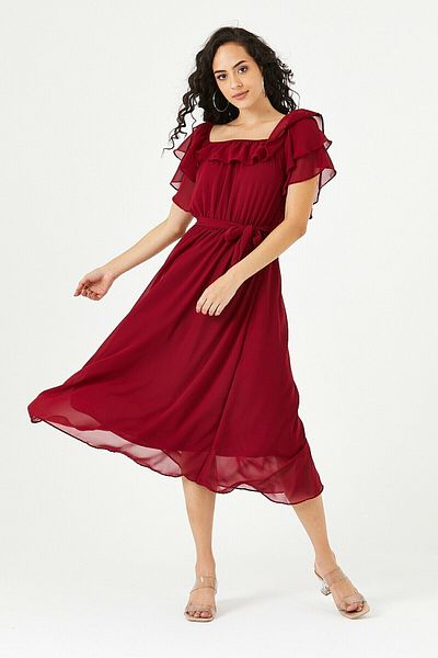 zks grup tekstil Φόρεμα σιφόν μπορντό Flounce Madonna Collar Plus Size