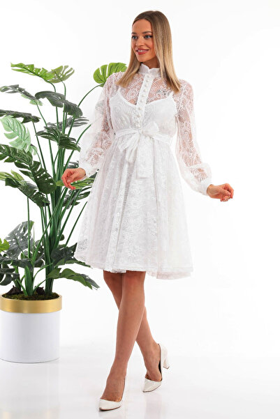 zks grup tekstil Λευκό γαλλικό βραδινό φόρεμα με κουμπιά Guipure Plus Size