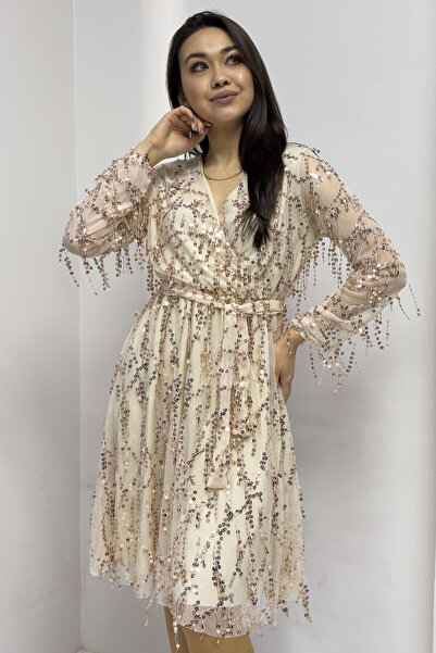 zks grup tekstil Rochie de seară de damă, auriu, cu guler dublu, cu paiete, mărime mare