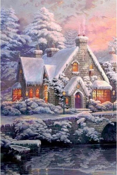 Marcel Kristal Tablo Illuminated House Inside the Snow Marcel Art Diamond Mosaic Painting 46X69Cm