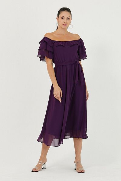 zks grup tekstil Φόρεμα σιφόν με λαιμόκοψη Plum Flounced Madonna