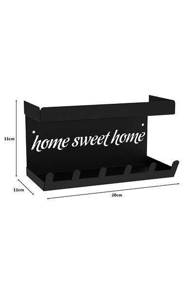 decorelax Home Sweet Home Keychain Hanger with Wall Mounted Shelf and 6 Hooks - Black