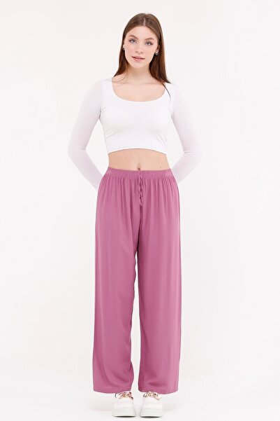 Sfg Life Moda Kadın Yazlık Bel Lastikli Şık Dokuma Viskon Düz Kumaş Salaş Pantalon