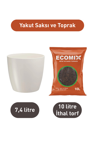 SERİNOVA Yakut 7.4 Litre Beyaz Saksı ve 10 Litre İthal Torf (Perlit Katkılı)