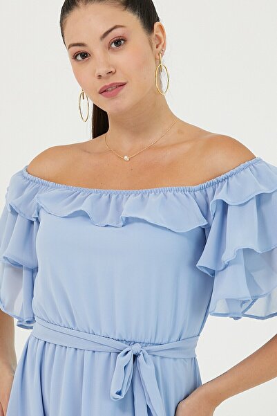 zks grup tekstil Блакитна сукня з воланами та коміром-мадонною, великий розмір, шифон