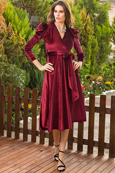 zks grup tekstil Burgundy Watermelon Sleeve Double Breasted Velvet Belted Plus Size Dress