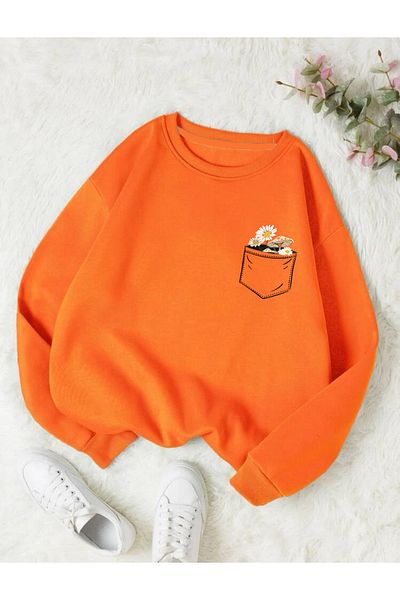 FAVORİST Crew Neck Cotton Floral Printed Sweatshirt