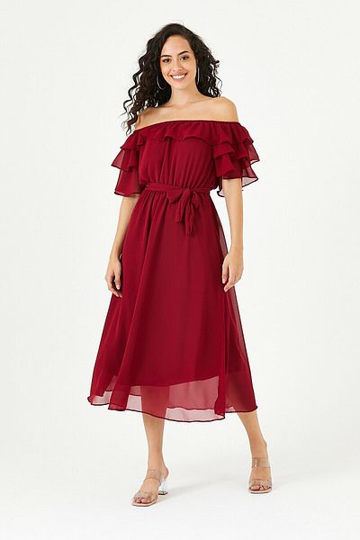 zks grup tekstil Φόρεμα σιφόν μπορντό Flounce Madonna Collar Plus Size