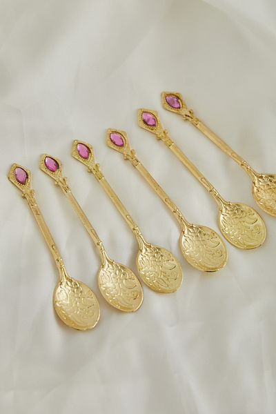 CHANCE GİFT Vintage 6-Piece Tea & Coffee Spoon Gold Jam Spoon Spice Spoon Luxury Pink Stone Presentation Spoon