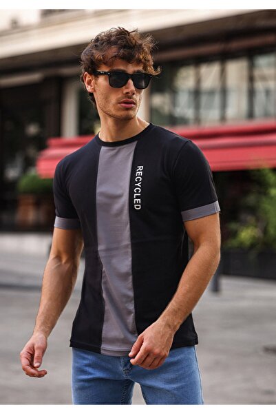 aziso Tricou negru Slim Fit pentru bărbați - 100% bumbac, cu guler rotund