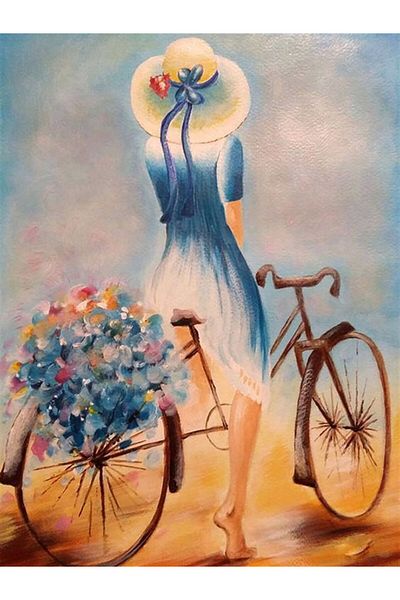 Marcel Kristal Tablo Woman on a Bicycle Marcel Art Diamond Mosaic Painting 43x58cm