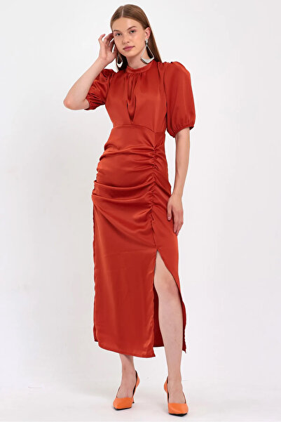 zks grup tekstil Women's Brick Satin Balloon Sleeve Draped Slit Detailed Dress