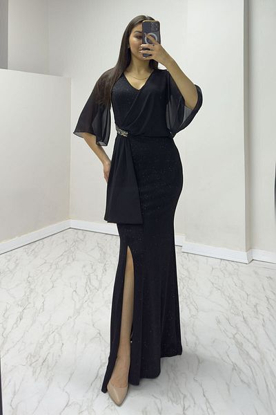 zks grup tekstil Women's Black Short Sleeve Glitter Long Stone Deaty Plus Size New Season Evening Dress