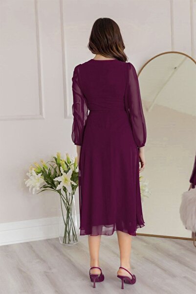 zks grup tekstil Κοντό μίντι φόρεμα σιφόν με διπλό στήθος με μωβ φόδρα