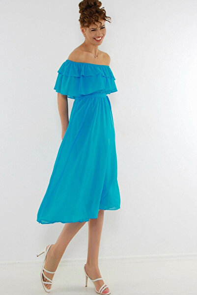zks grup tekstil Women's Turquoise Madonna Ruffle Collar Chiffon Dress
