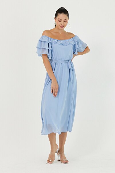 zks grup tekstil Блакитна сукня з воланами та коміром-мадонною, великий розмір, шифон