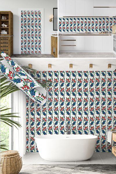 Dekoros Navy Blue Tulip Motif Adhesive Foil Tile Patterned Waterproof Kitchen Bathroom Sticker Coating 0710