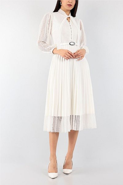 zks White Halter Neck French Guipure Pleated Evening Dress