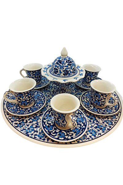 Dost Art Hediyelik El Yapımı Fırça Boyama Çini Karanfil Desen Tepsili 6lı Kah...