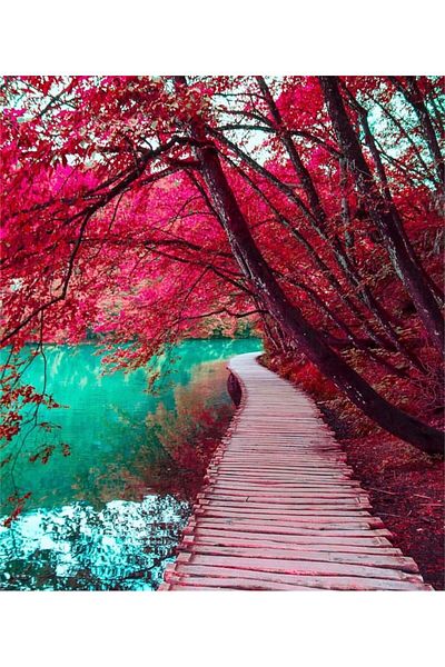 MARCEL SANAT Red Forest Diamond Mosaic Painting on the Lake Shore - 40x46cm
