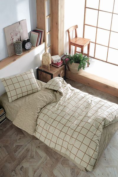 Cozy Home Σετ Παπλωματοθήκη Μονό 100% Βαμβακερό Κρεμ Χρώμα & Τετράγωνο Σχέδιο
