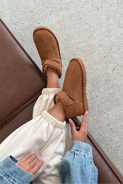 More Women's Tan Mini Suede Boots with Fur Inside Winter Rumgayshoes