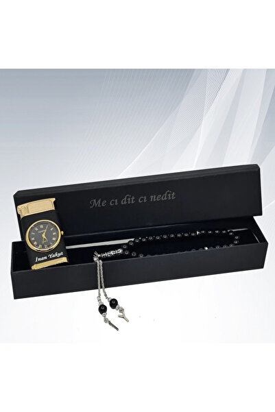 HediyesiBizden KİŞİYE ÖZEL İSİM BASKILI IŞIKLI SAATLİ PÜRMÜZ ALEVLİ ÇAKMAK VE ONİKS DOĞAL TAŞTAN HARFLİ TESBİH