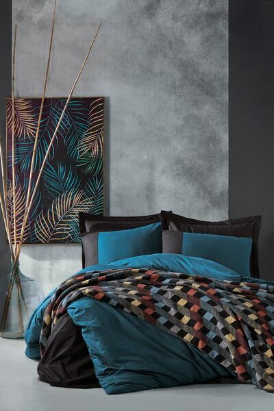 Cotton Box Plain Pamuk Battaniyeli Çift Kişilik Nevresim Takımı Petrol - Siyah