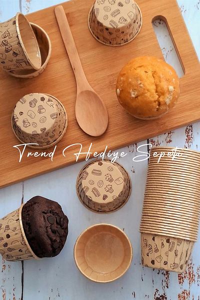 Trend Hediye Sepeti 50-Piece Cake Patterned Cupcake Mold, Kraft Patterned Muffin Cake Mold, Cake Capsule, Airfryer Compatible