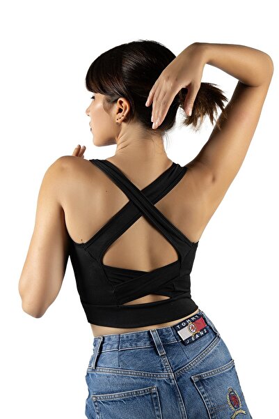 VEAVEN Siyah Sırt Detaylı Fitted/Vücuda Oturan Kare Yaka Spor Bluz