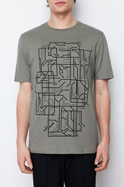 Trendyol Collection Βαμβακερό μπλουζάκι με στάμπα χακί - TMNSS20TS0088