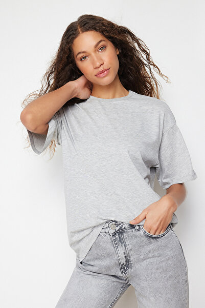 Trendyol Collection Crew Neck šedé Melange Boyfriend tričko – 100% bavlna, Wide Fit TWOSS20TS0134