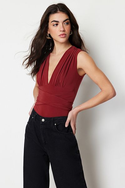 Trendyol Collection Боді з V-подібним вирізом TWOSS23BD00055 Боді з V-подібним вирізом з деталями для кріплення плитки та еластичним боді TWOSS23BD00055