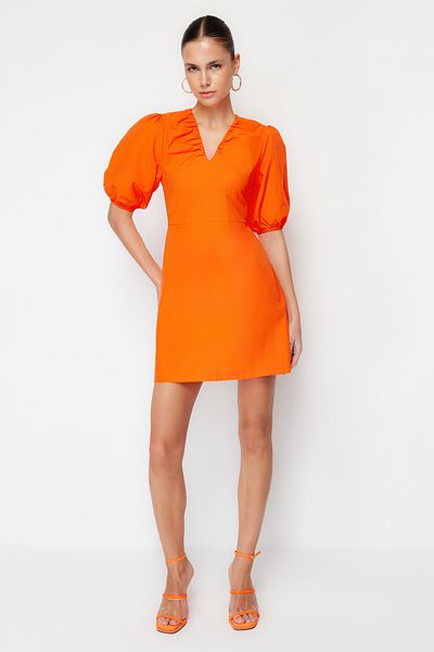 Trendyol Collection Orange Waist Opening Poplin Gathered Mini Woven Dress TWOSS24EL00456