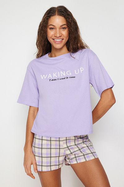 Trendyol Collection lila Slogan Slogan Printed 100% Bavlna Pletené pyžamo Set - THMSS24PT00021