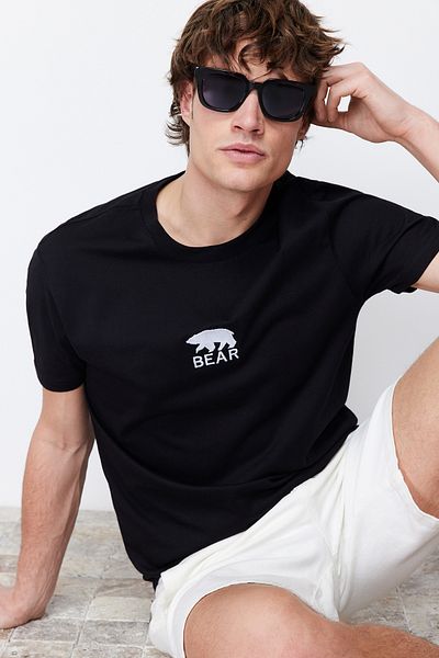 Trendyol Collection Μπλουζάκι με κοντό μανίκι από μαύρο βαμβακερό αρκουδάκι - TMNSS24TS00125