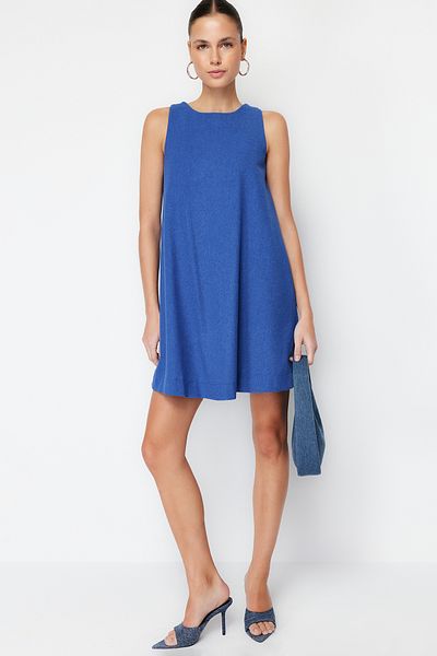 Trendyol Collection Темно-синя ткана міні-сукня широкого крою Linen Look без рукавів TWOSS23EL01497