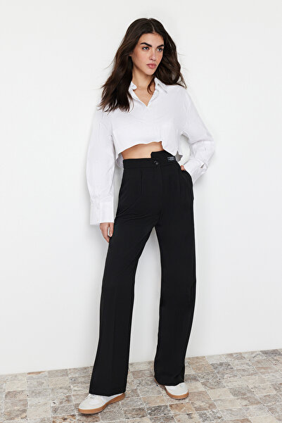 Trendyol Collection Black Wide Leg Label Detailed Woven Trousers TWOSS24PL00082