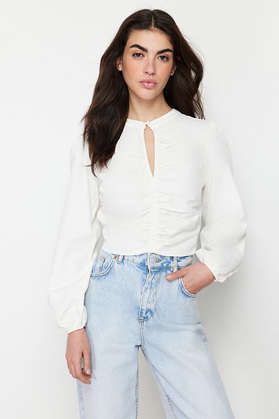 Trendyol Collection Ecru Crop Gather Detailed Woven Blouse TWOSS24BZ00351
