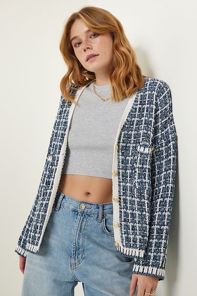 Happiness İstanbul Women's Navy Blue V-Neck Seasonal Tweed Cardigan MW00141