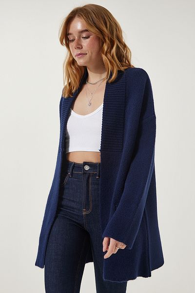 Happiness İstanbul Women's Navy Pocket Thick Textured Knit Cardigan PF00063