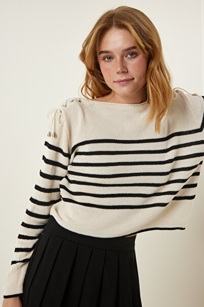 Happiness İstanbul Női krémes fűzőlyuk részletes szezonális csíkos kötöttáru pulóver MW00136
